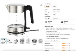 A product page of a tea kettle that includes many keywords, descriptions and customer reviews to optimize SEO.